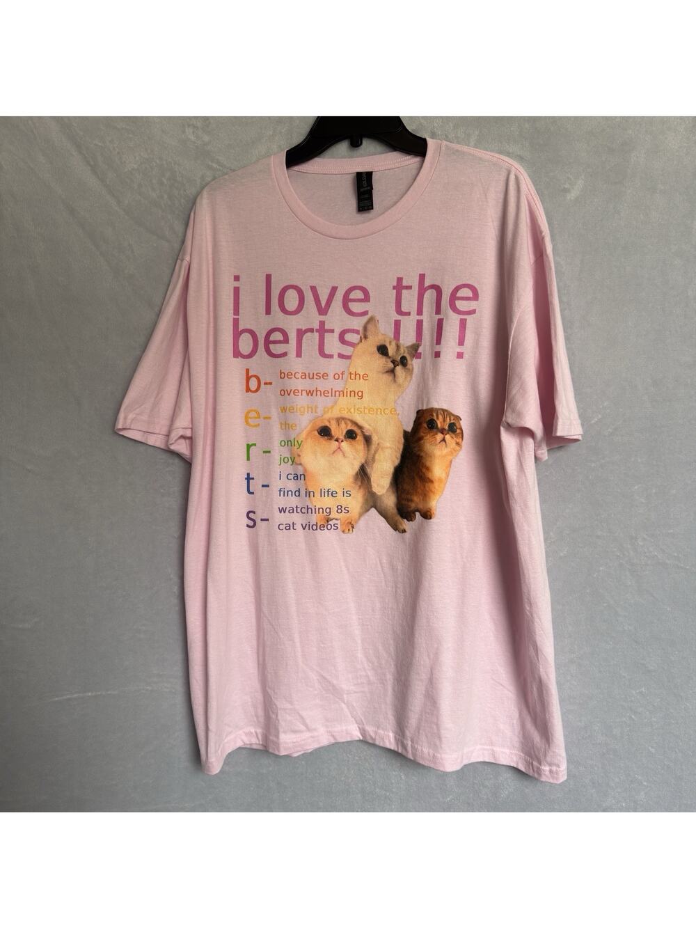 Pink Cat Graphic T-Shirt Funny “I Love The Berts” Tee Size XL